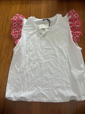 Zara NWT White Sleeveless Top with Red Lace Flutter Sleeves